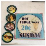 Metal sign and Coca Cola four magnet coaster