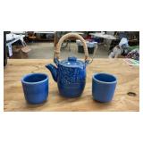 Blue Tea Pot with Two Cups Made in Thailand