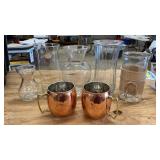 Clear Glass Vase Lot with two Copper Mugs