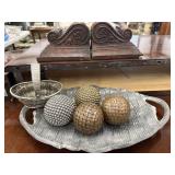 Bundle of misc home decor. Woven tray with