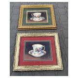 2 prints of teacups and saucers by artist Barbara