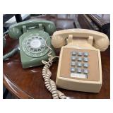 2 Vintage Telephones Green Rotary & Tan Buttons