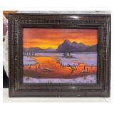 Framed Oil Painting of Aztec Mountain Scene by