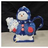 Snowman Tea pot, Ceramic Snowman in Blue Sweater