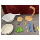 Kitchen- 2 strainers, banana holder, knives, etc.