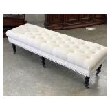 White Linen Tufted Rolling Bench w/ Nailhead Trim
