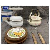 6pc. Enamel Tea Kettles, Trivets, Forks.