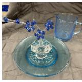 3pc set Teal saucer, clear glass with glass blue