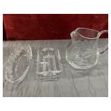 3 pc.vintage crystal glassware pitcher, and
