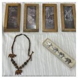 Hand-Carved Animal Necklace & 4 Animal Pictures