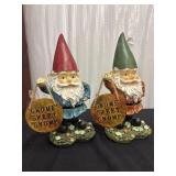 Two Plastic Garden Gnomes, with Signs that