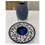 BLUE Hand-Painted Dip Plate & Spiral Textured Vase