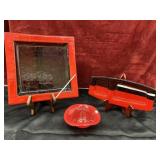 3 pc.red and dark brown square ceramic snack or