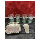 6 pc. green glass drinking glasses with an etched