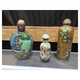 3 Ornate Chinese Snuff Bottles. Made of Metal.