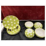 11 pc. green and white polka-dotted ceramic