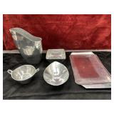 5 pc. Bundle of silver toned tray, bowls, and