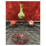 6 pc. vintage green and brown drip glaze vase