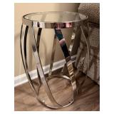 Silver Tone Modern Accent Table with Glass Top