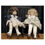 2 Vintage Porcelain Dolls with Mini Wood Bench