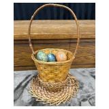 6 Vintage Italian Alabaster Eggs in Wicker Basket