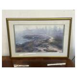 Framed Vintage Watercolor Misty Horizon w/ Birds