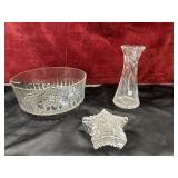 3 pc. Vintage lead glass salad bowl, vase, and
