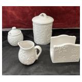 White Snowflake Canister, Sugar, Creamer, Napkin