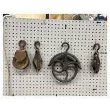 4 Antique Pulley Wheels Hooks, Rusty.