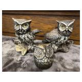 3 Owls, 1979 Homco Porcelain Bisque Set on Branch