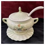 Vintage Floral Footed Soup Tureen with Ladle, Lid,