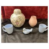 5pc. McRAEï¿½S  Vintage Chinese plum jar, Red wing