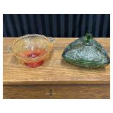Amberina Iris Bowl & Green Pinwheel Candy Dish