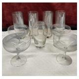 9 pc. clear glass coupe cocktail glasses. Vase,