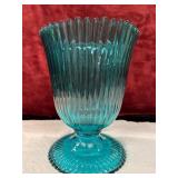 Teal Tall Ribbed Glass Footed Urn