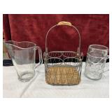 3 pc. vintage-style metal and wicker bottle