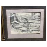 framed pencil drawing of a rustic wooden fence