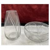 2 pc. Clear heavy glass  vase and bowl.
