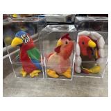 3 TY Beanie Babies in Plastic Cases Parrot, Turkey