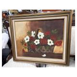 Vintage floral still life painting features white