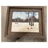 Serene winter landscape with red birds in a snowy