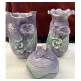 3pc Lavender/Mint Sculpted Pottery Vases & Dish