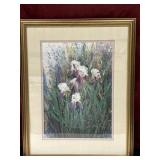 Framed Jim Grey print of purple and white irises.