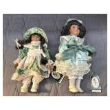 2 Geppeddo porcelain dolls, includes satin dress