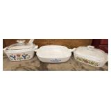 3 vintage Corning Ware casserole dishes.