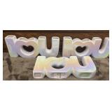 3 white iridescent ceramic "I LOVE YOU" vases