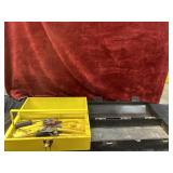 9 pc. Vintage yellow metal tool box including