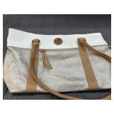 Kim Rogers silver and white shoulder bag.