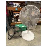 1 Lasko floor fan plastic and 1 Patton metal fan