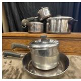 5pc Revere Ware stainless steel pots and pan set.
